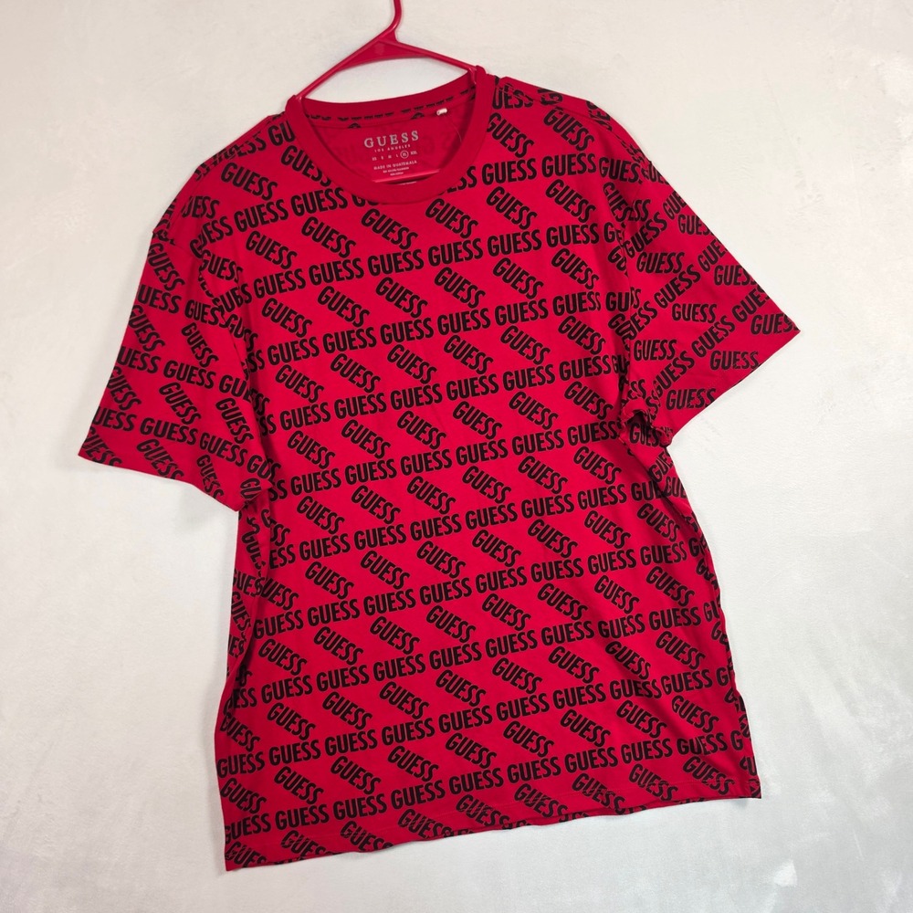 NEW Guess Shirt Men's XL Red Black Logo All Over Print Cotton Tee Monogram - Picture 2 of 12